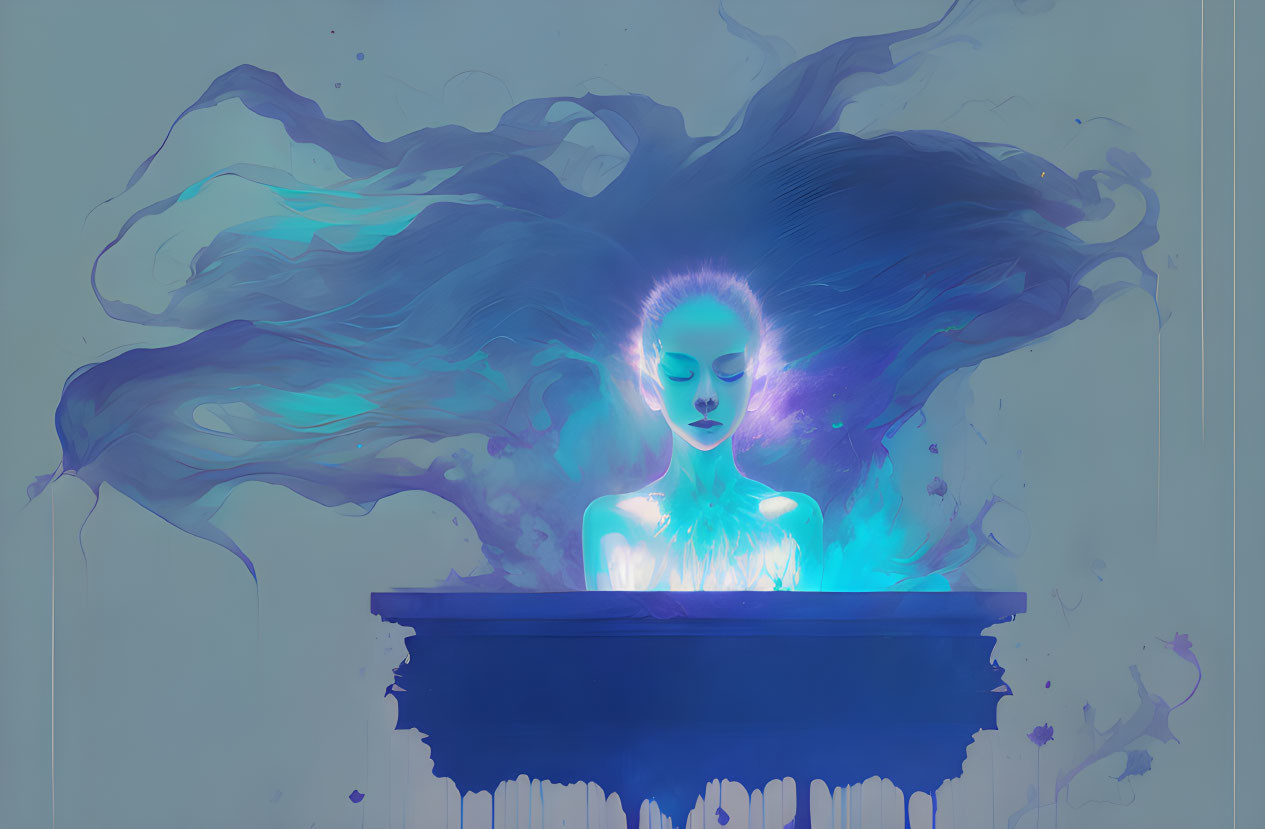 Illustration of person with glowing blue skin in serene blue waves