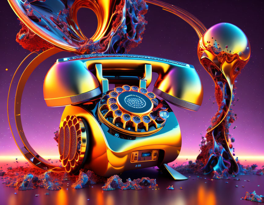 Vintage rotary phone against psychedelic backdrop with abstract shapes