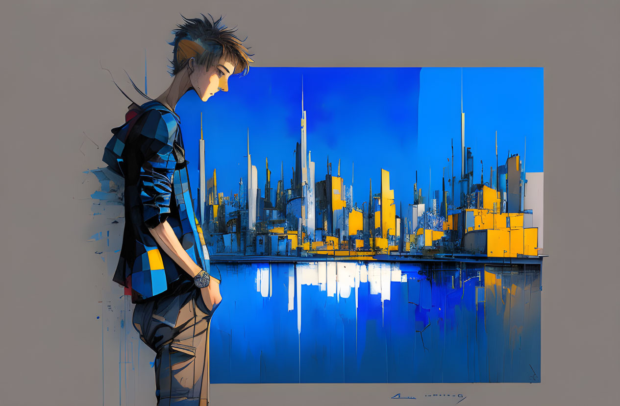 Colorful stylized illustration of young person with spiky hair overlooking futuristic cityscape