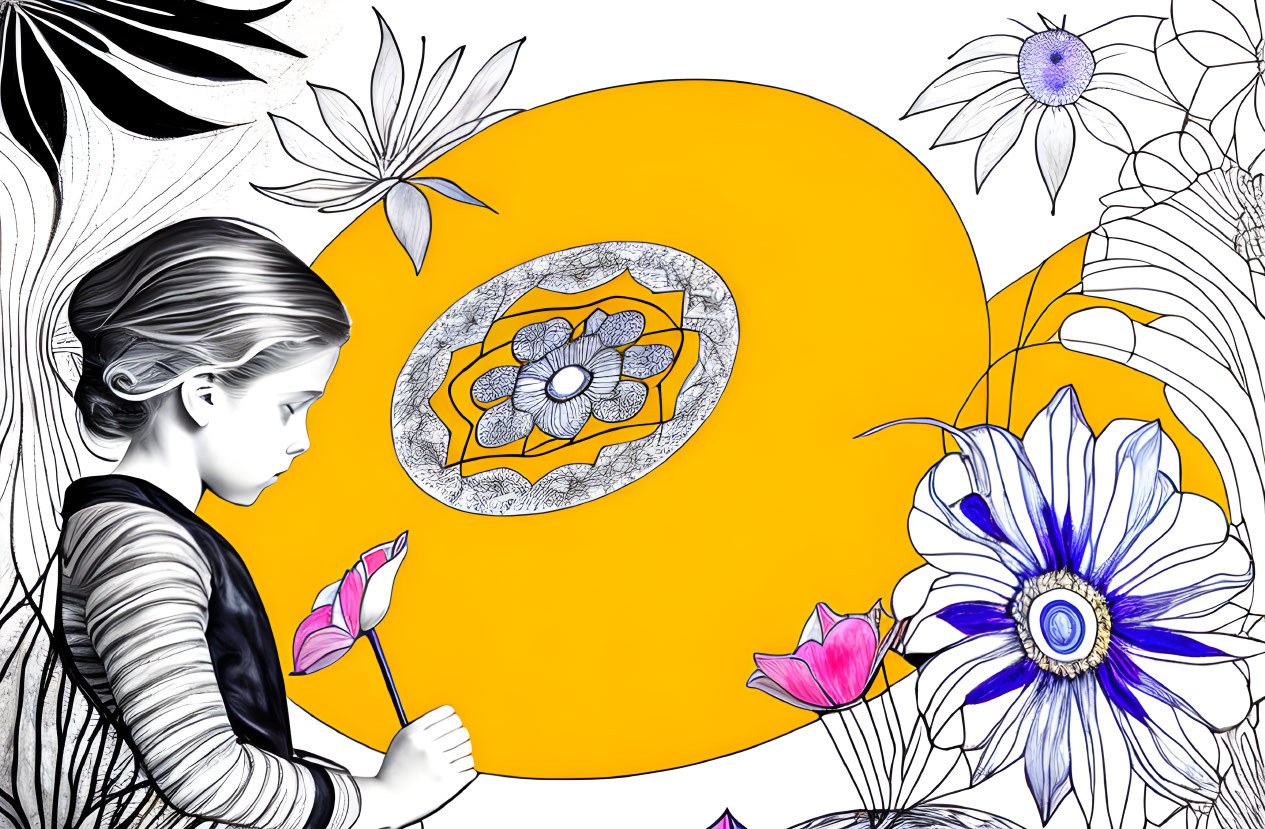 Monochromatic girl with line-art flowers and orange circle in blue tones