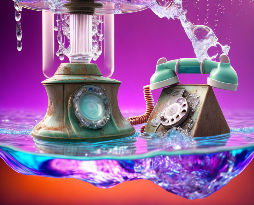 Vintage telephones submerged in water with splashes on purple background