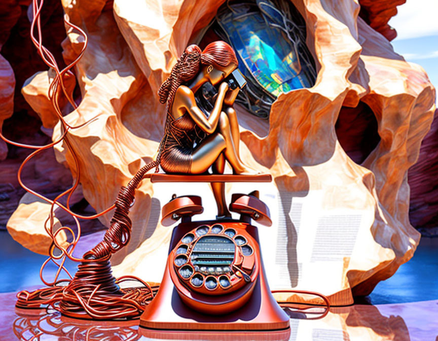 Surreal artwork of metallic female figure on vintage telephone with coastal rocks