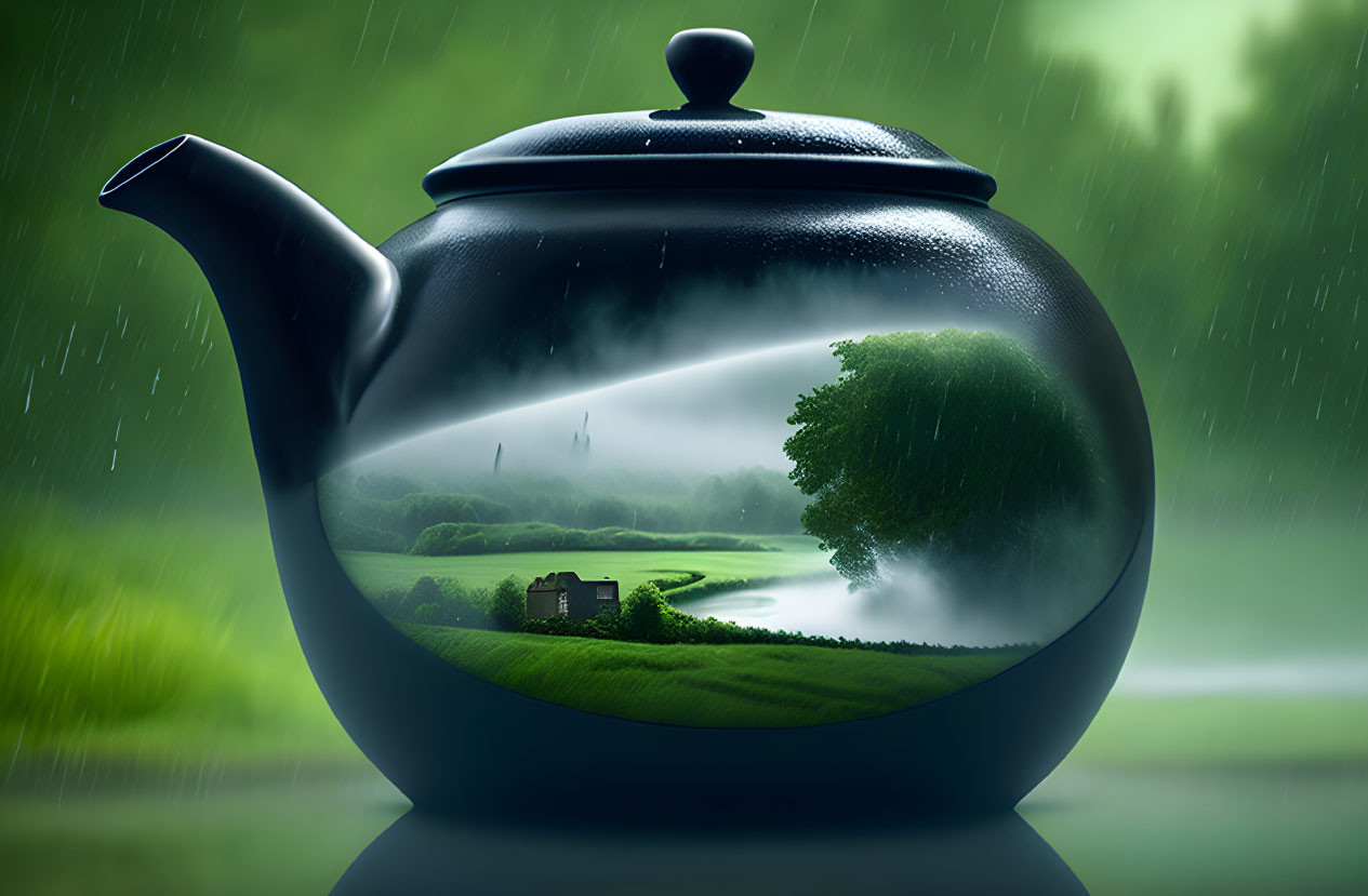 Surreal teapot illustration with house, river, and rainy landscape