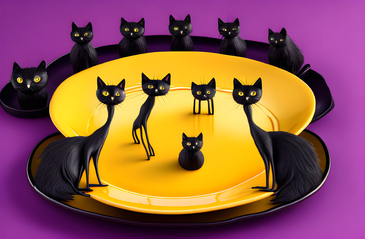 Stylized black cats on yellow plate purple background