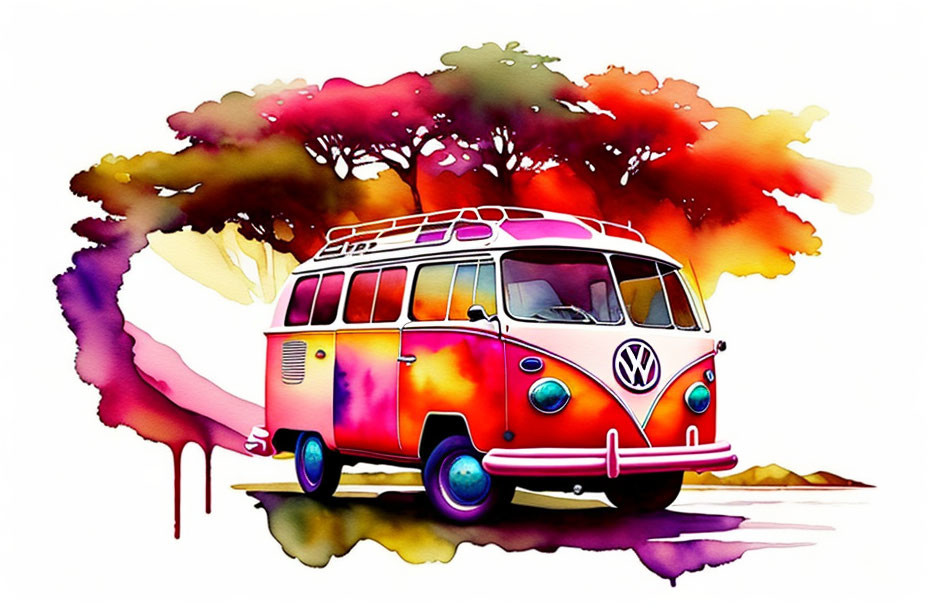 Vibrant Watercolor Painting of Classic Volkswagen Bus