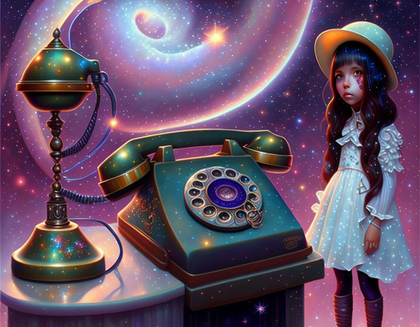 Whimsical girl illustration with cosmic-themed vintage telephone