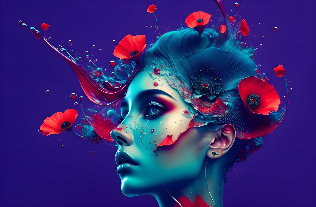 Colorful portrait of woman with liquid hair and poppies on purple background