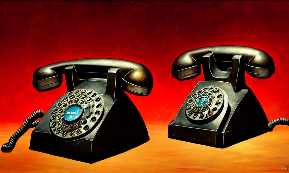 Vintage rotary dial telephones on red background, one with off-hook receiver