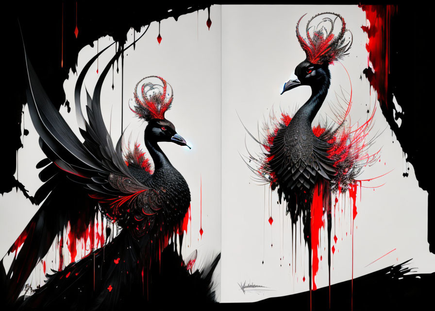 Symmetrical black birds with red accents on abstract black and white background