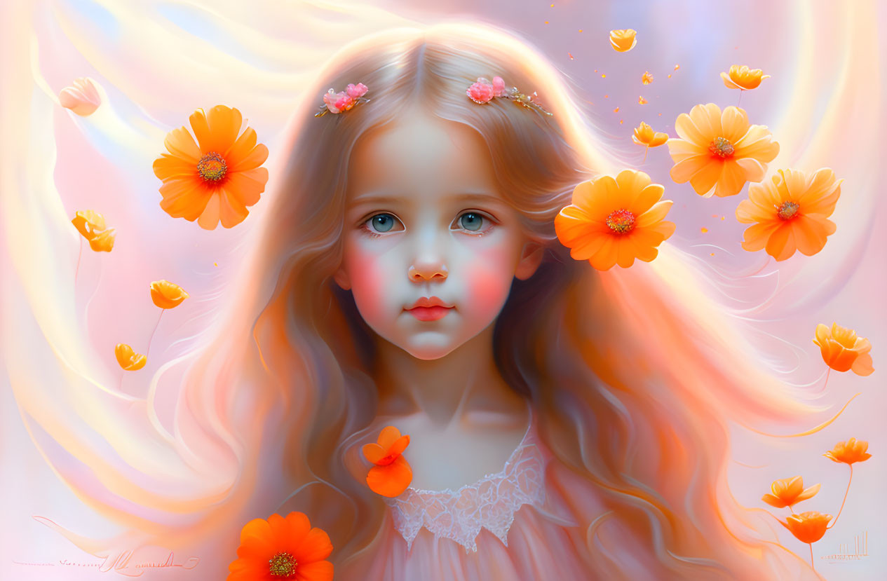 Young girl with pink hair, blue eyes, and flowers in a pastel setting.