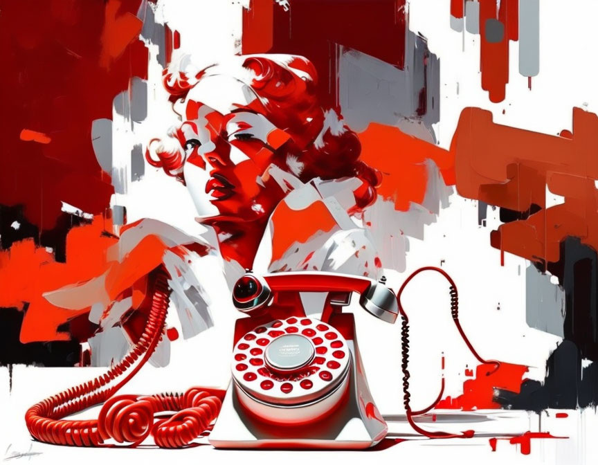 Stylized red and white digital artwork of woman with vintage hairstyle and rotary dial telephone