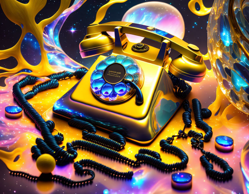 Gold vintage rotary phone with tangled cord against cosmic background.