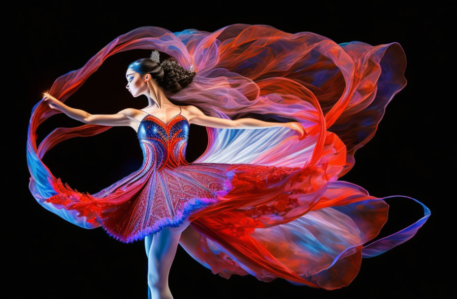 Ballet dancer in red and blue costume twirls on black background