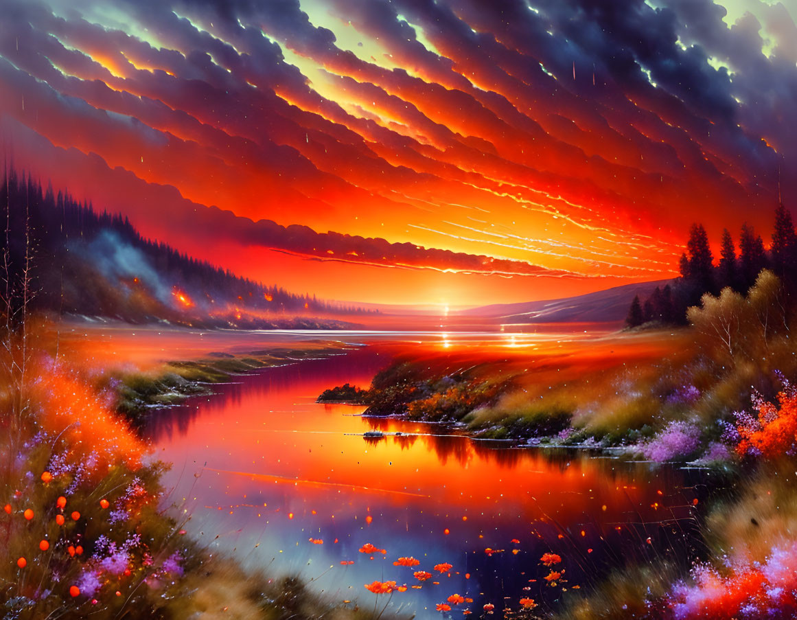 Scenic landscape: fiery sunset, river, wildflowers, dramatic sky