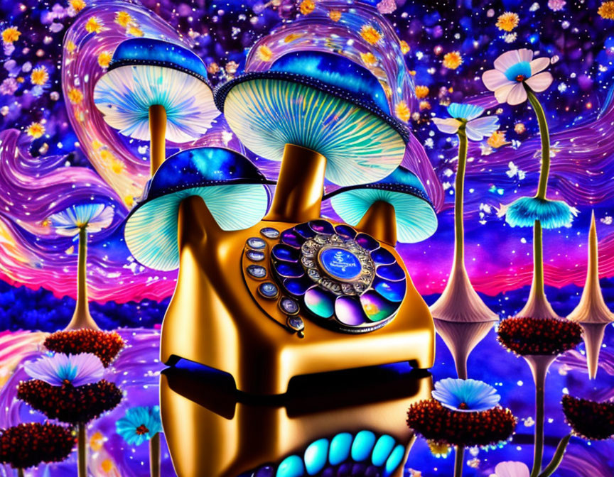 Surreal golden robotic head with rotary dial in psychedelic mushroom and floral scenery