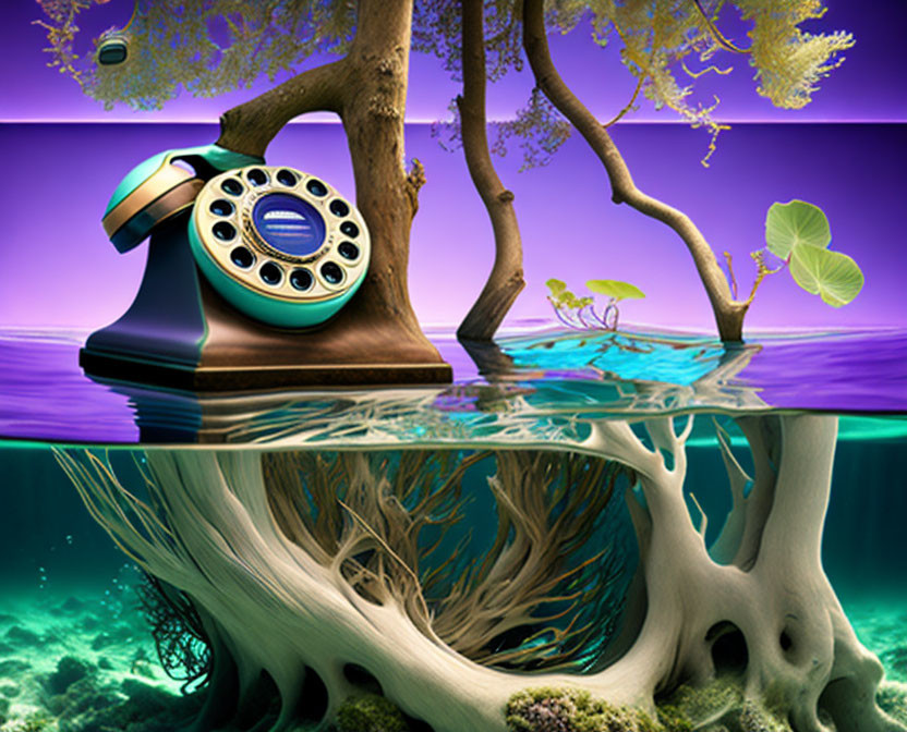 Surreal artwork of vintage telephone on tree trunk with inverted underwater scenery