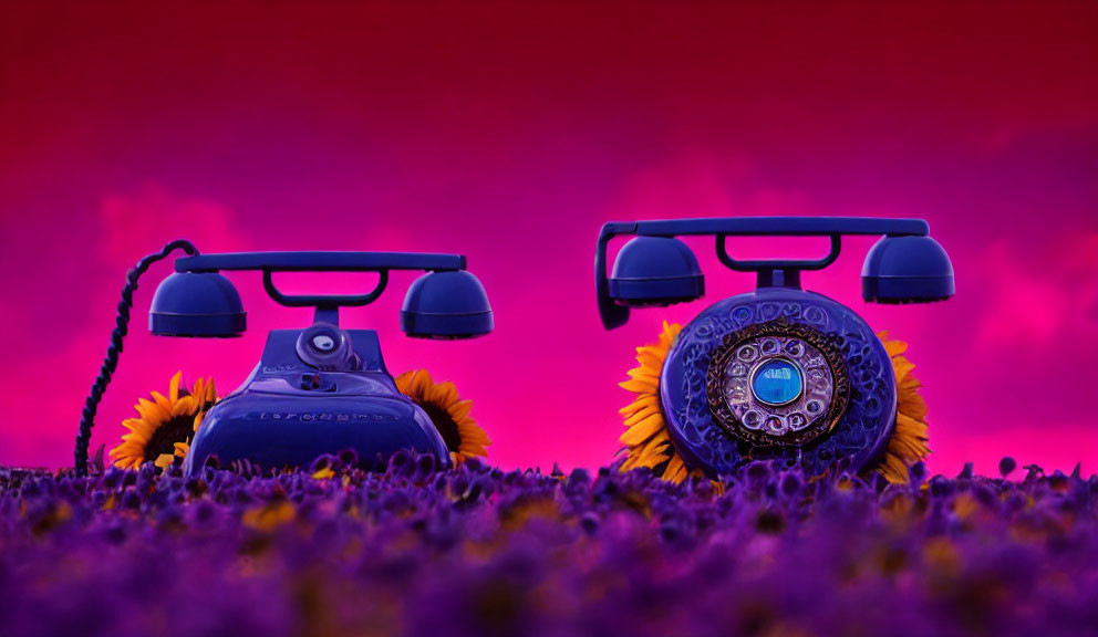 Vintage telephones on sunflowers against vibrant purple backdrop