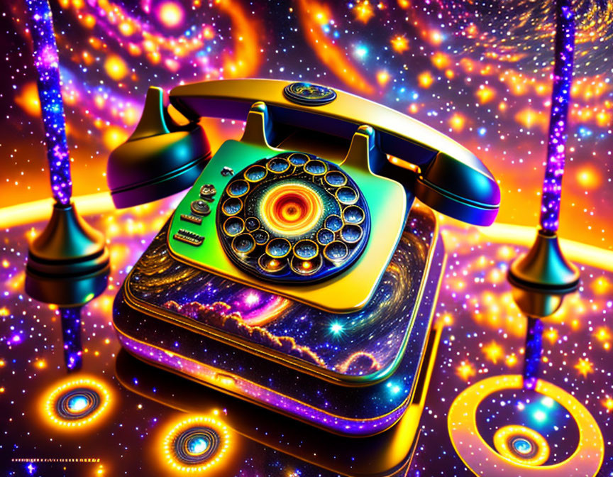 Colorful Psychedelic Rotary Phone with Galaxy Design and Space Swirls