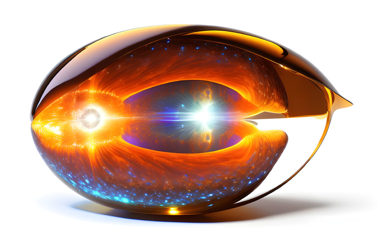 Digital artwork: Glossy spherical eye with nebula and starscape reflection on white background