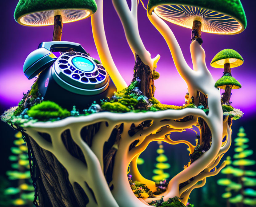 Colorful digital artwork of whimsical tree with glowing mushrooms and rotary phone on neon backdrop