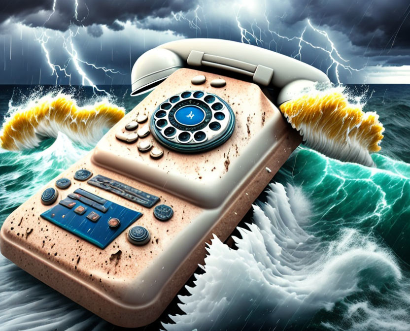 Vintage telephone in stormy ocean with lightning.