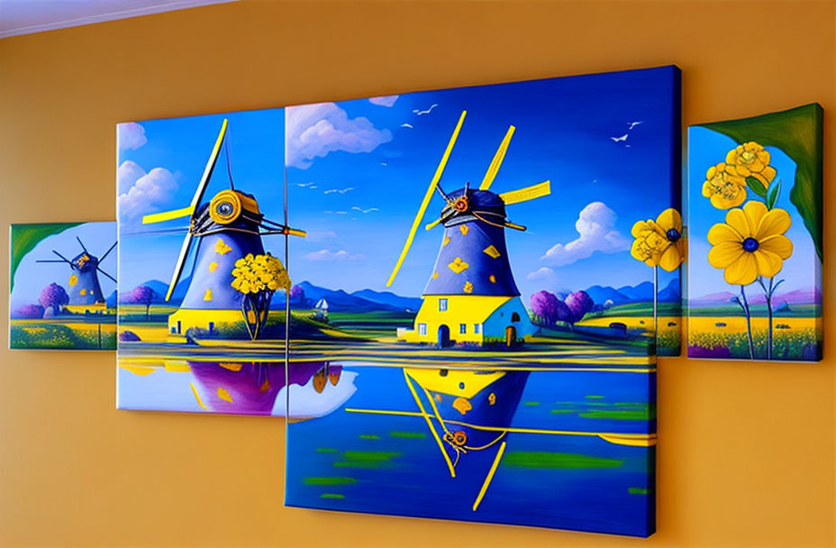 Stylized windmill scene with vibrant blue skies and green fields