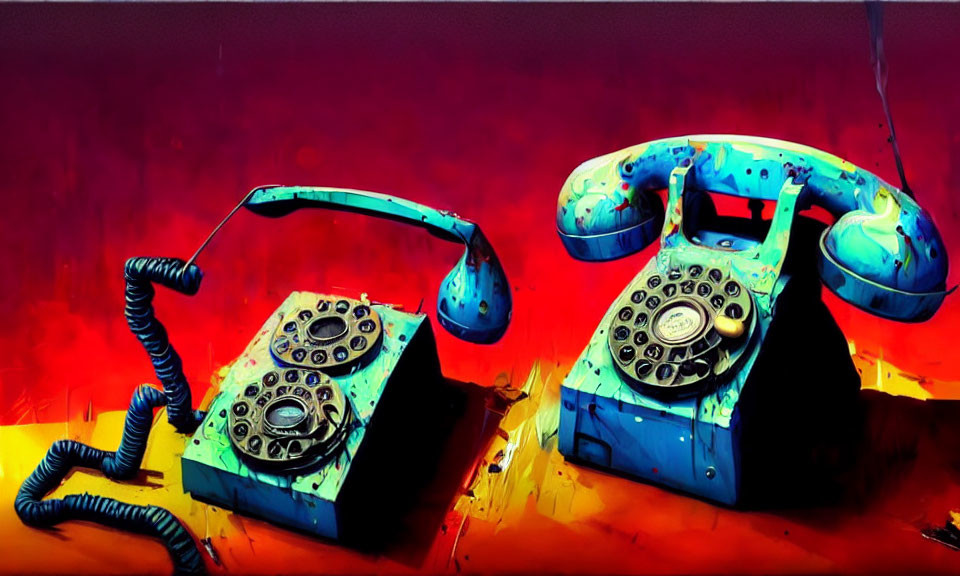 Vintage telephones with handsets off the hook in red and yellow hues