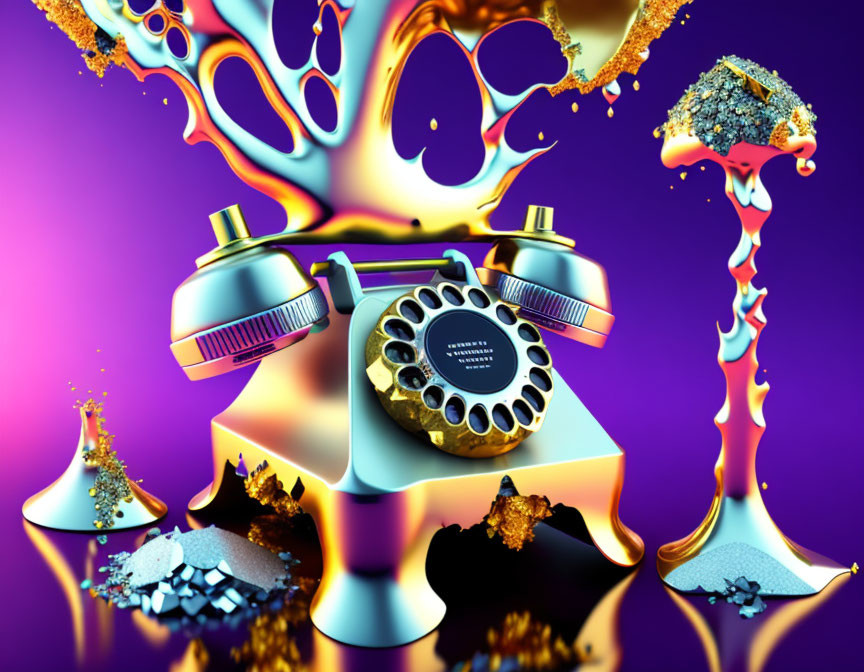 Vintage Rotary Phone with Colorful Liquid Splashes and Geometric Shapes on Purple Background