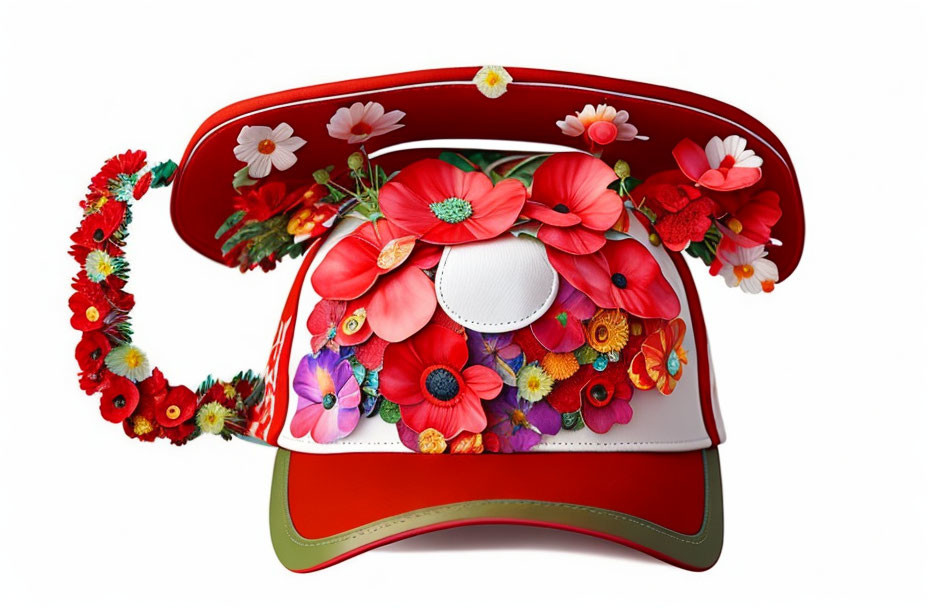 Red Floral Design Cap with Colorful Flowers and Garland