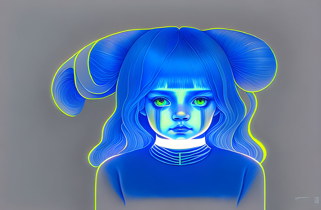 Digital artwork featuring girl with glowing blue hair and green eyes on grey background