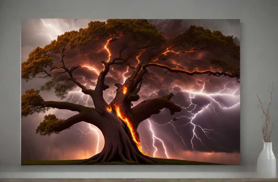 Large Canvas Print of Striking Tree with Lightning Bolts and Stormy Sky Displayed on Wall