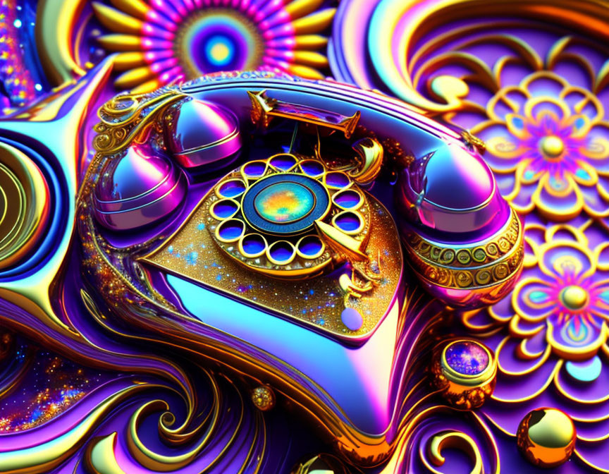 Colorful Fractal Rotary Phone in Blue, Purple, and Gold