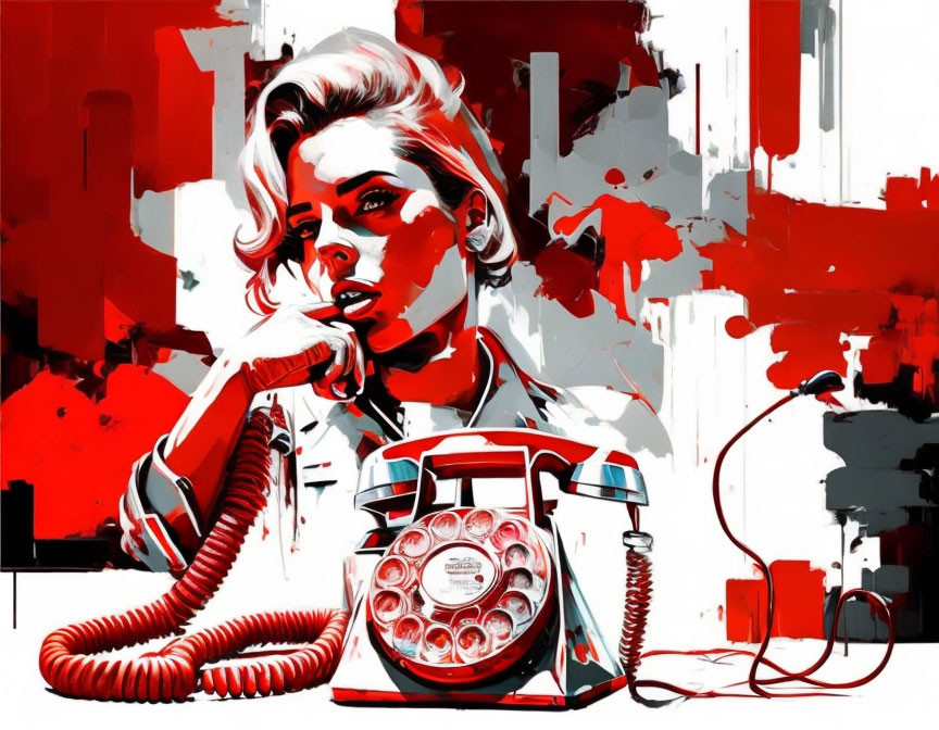 Abstract red and white artwork of a woman with vintage telephone