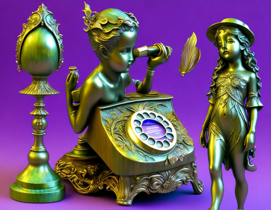 Metallic fantasy figures of children with quill and desk, standing against purple backdrop