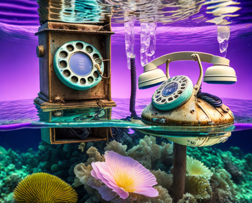 Vintage Telephones Partially Submerged in Water Above Colorful Coral Reef