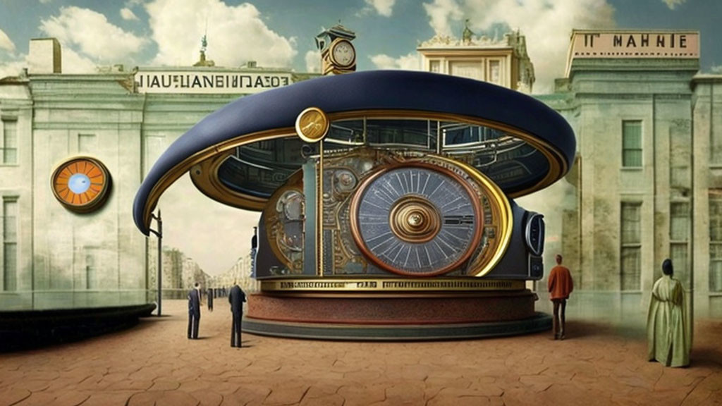 Steampunk-style station with ornate clock and gears in vintage cityscape.