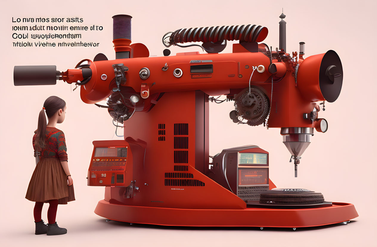 Girl standing next to large red retro-futuristic machine