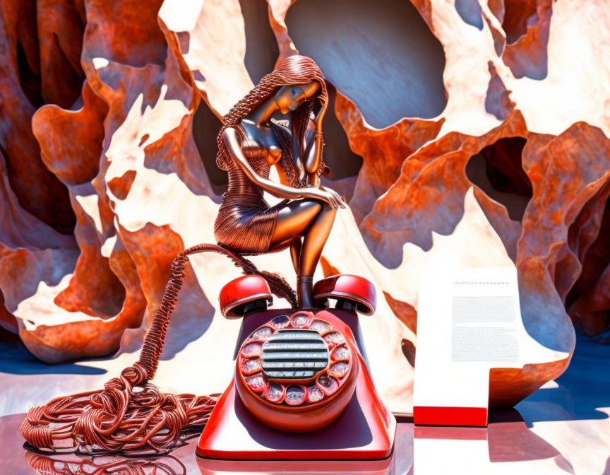 Surreal artwork with polished figure on red telephone and open book on rocky backdrop