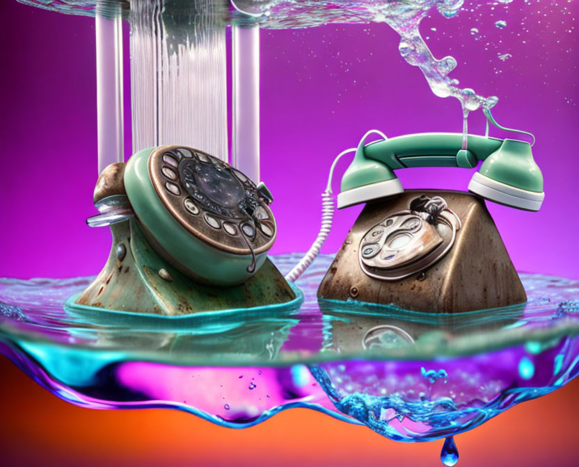 Vintage Telephones Submerged in Water with Splash on Vibrant Background