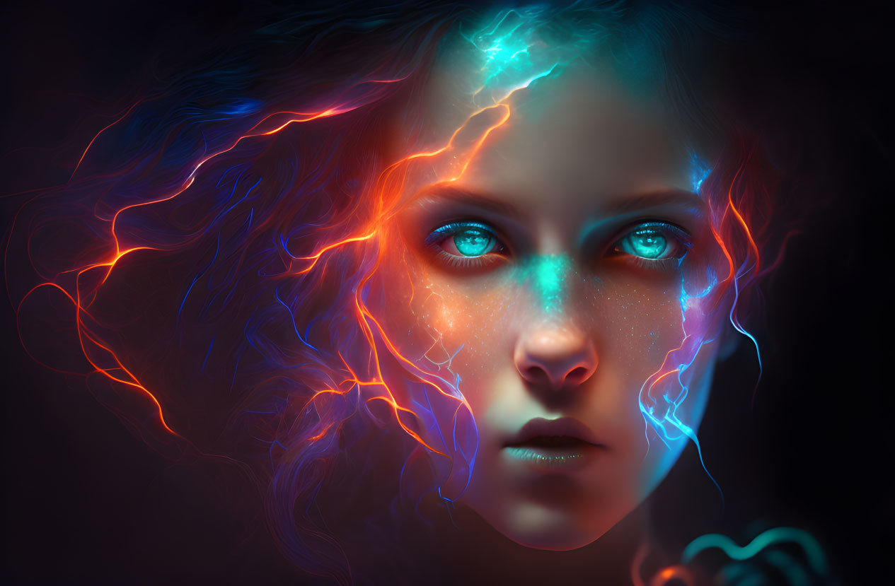 Vibrant blue-eyed woman in digital portrait with neon lights