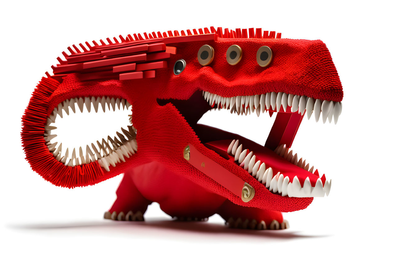 Red Toy Dinosaur with Googly Eyes and White Teeth on White Background