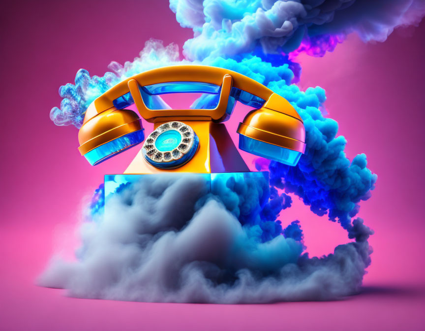 Vintage Yellow and Blue Rotary Phone with Swirling Blue Smoke on Pink Background