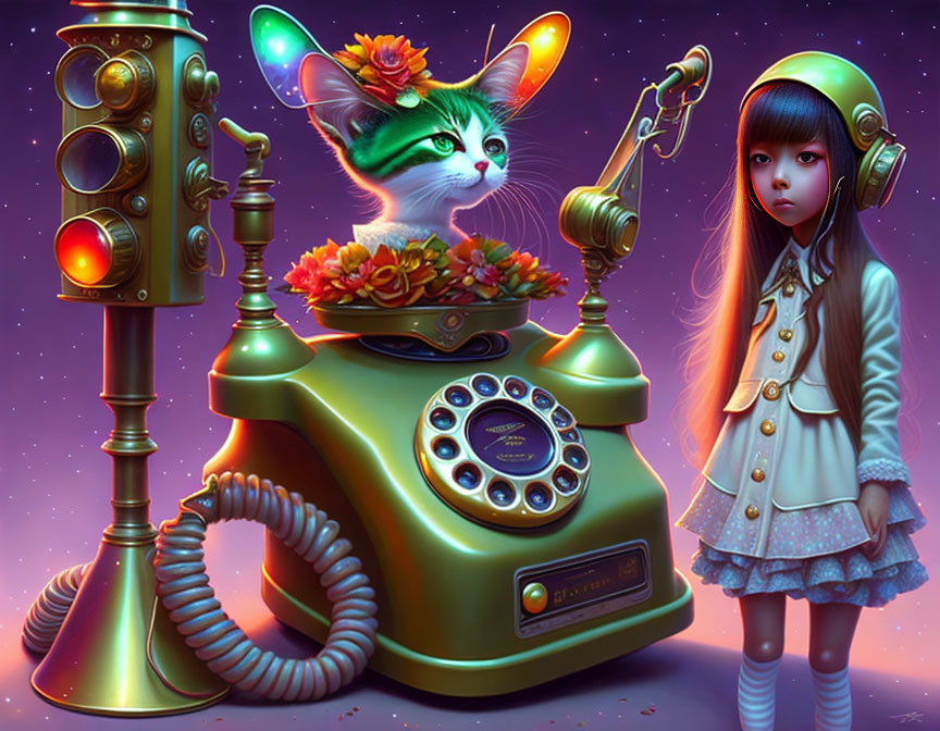 Whimsical artwork: Girl, cat, vintage telephone, cosmic elements