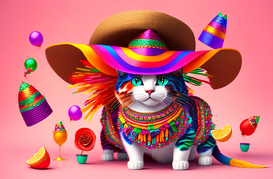 Colorful Cat in Mexican Attire with Sombrero on Festive Pink Background