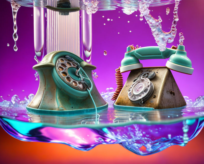 Vintage Rotary Phones Submerged in Water on Colorful Background