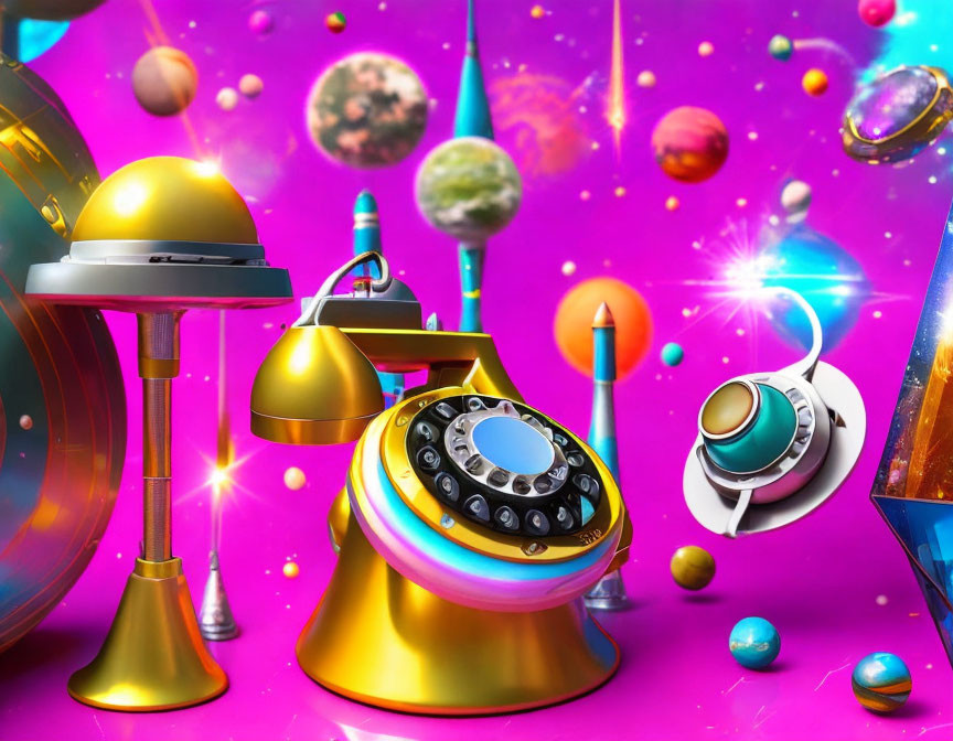 Colorful surreal artwork: gold rotary phone with planets and bubbles on magenta background