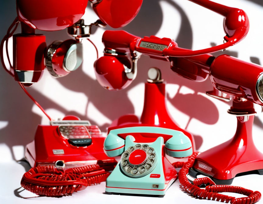 Vintage Red Telephones with Rotary Dials and Push Buttons on Shadowy Background