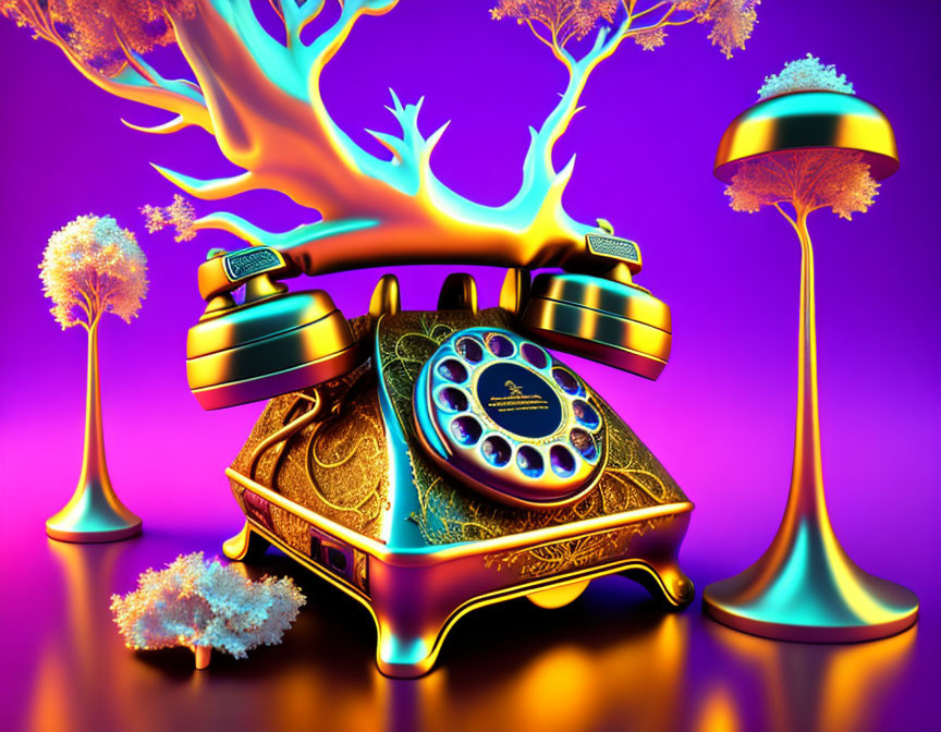 Colorful Surreal Landscape with Whimsical Retro Telephone