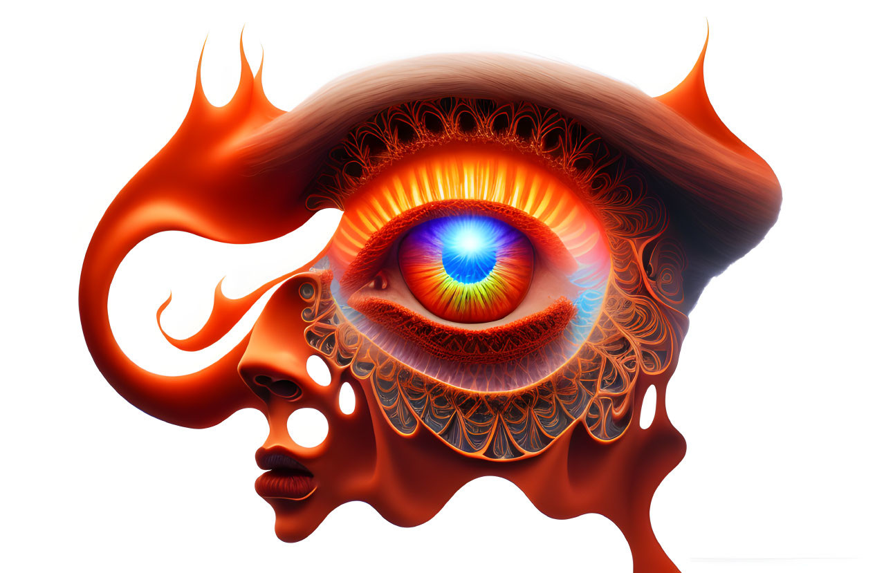 Intricate surreal eye art with orange patterns and flames