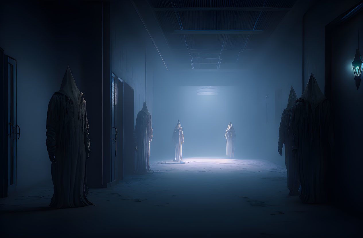 Dark hallway with cloaked figures under glowing light